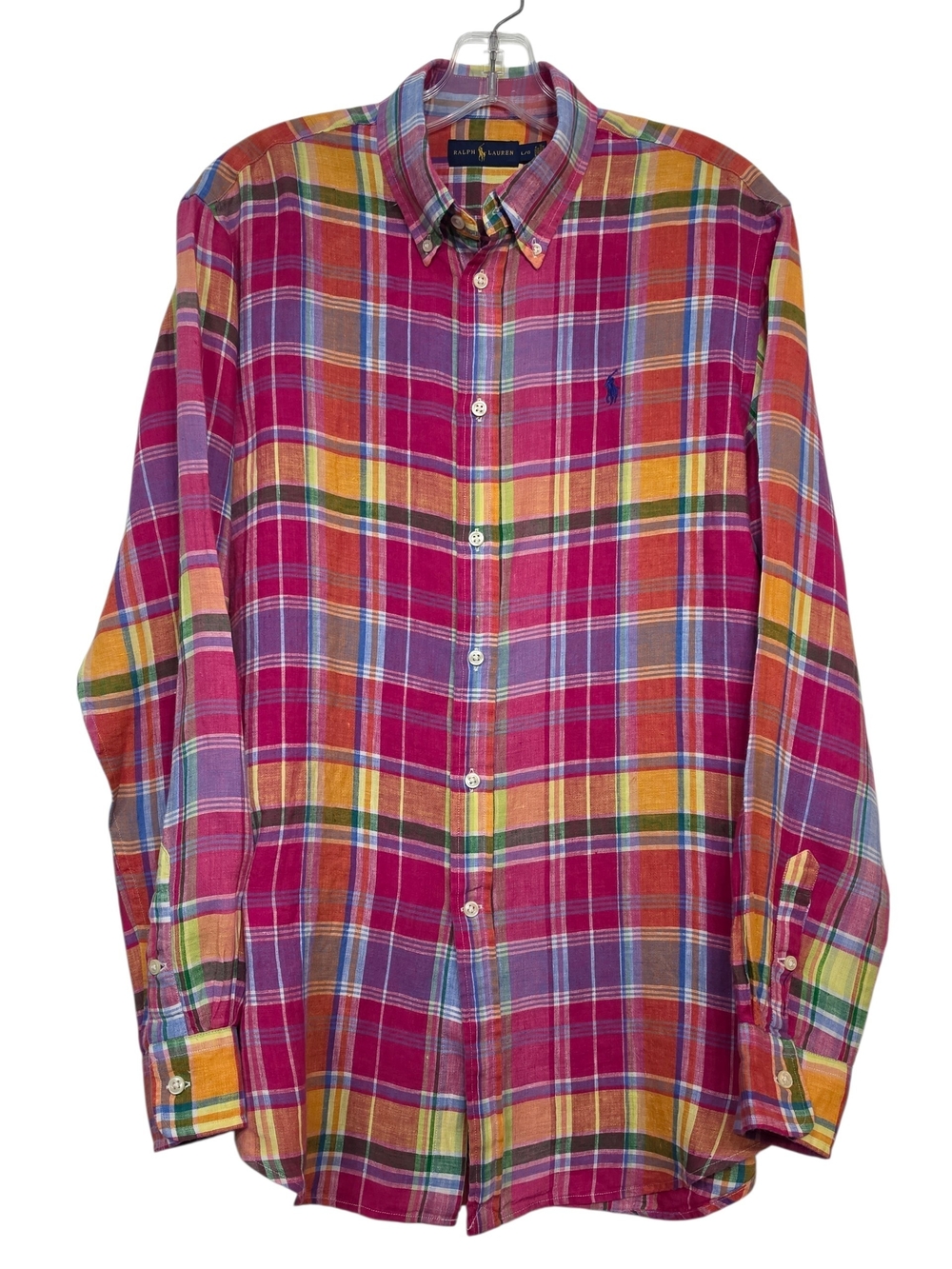 Ralph Lauren Linen Plaid Button Down Shirt Pink Multicolor Men's Large L/G